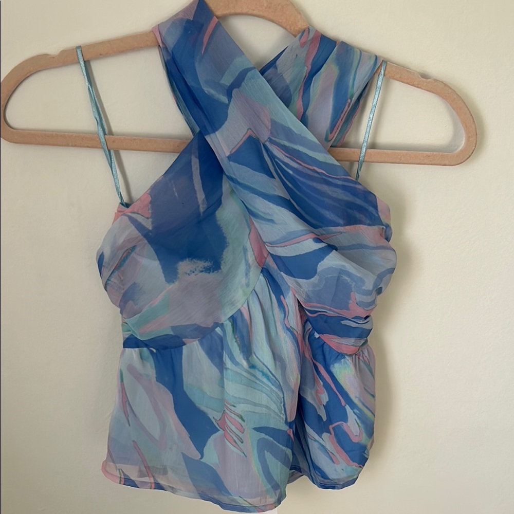 French Connection Blue Purple Pink CrossFront Summer Halter Blouse NWT Beautiful
